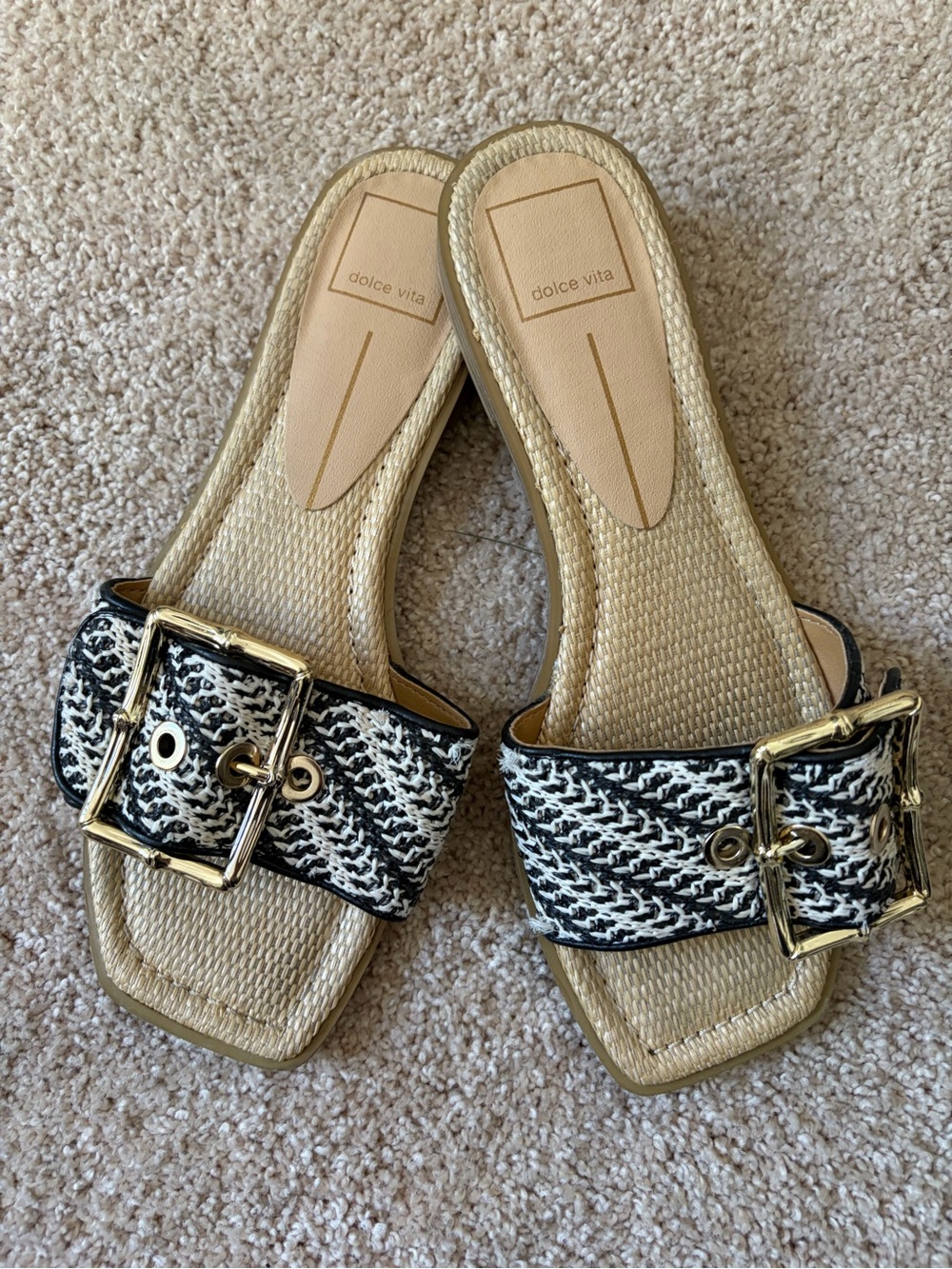 Dolce Vita Black & Natural Woven Buckle Slide Sandals